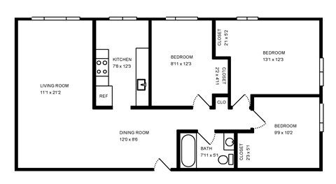 floor plan of a 1 bedroom floor plan with an open floor plan to the right